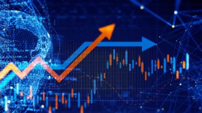 Blue and orange arrow rising alongside graph points, symbolising growth stocks.