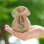 Hand of a woman carrying a bag of money, representing the concept of saving money or earning dividends.