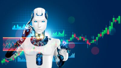 Robot touching a share price chart, symbolising artificial intelligence.